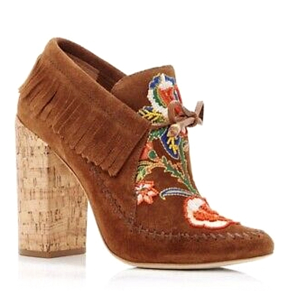 Tory Burch Huntington Fringe Embroidered Brown Suede Women's Shoes Booties - Picture 2 of 10